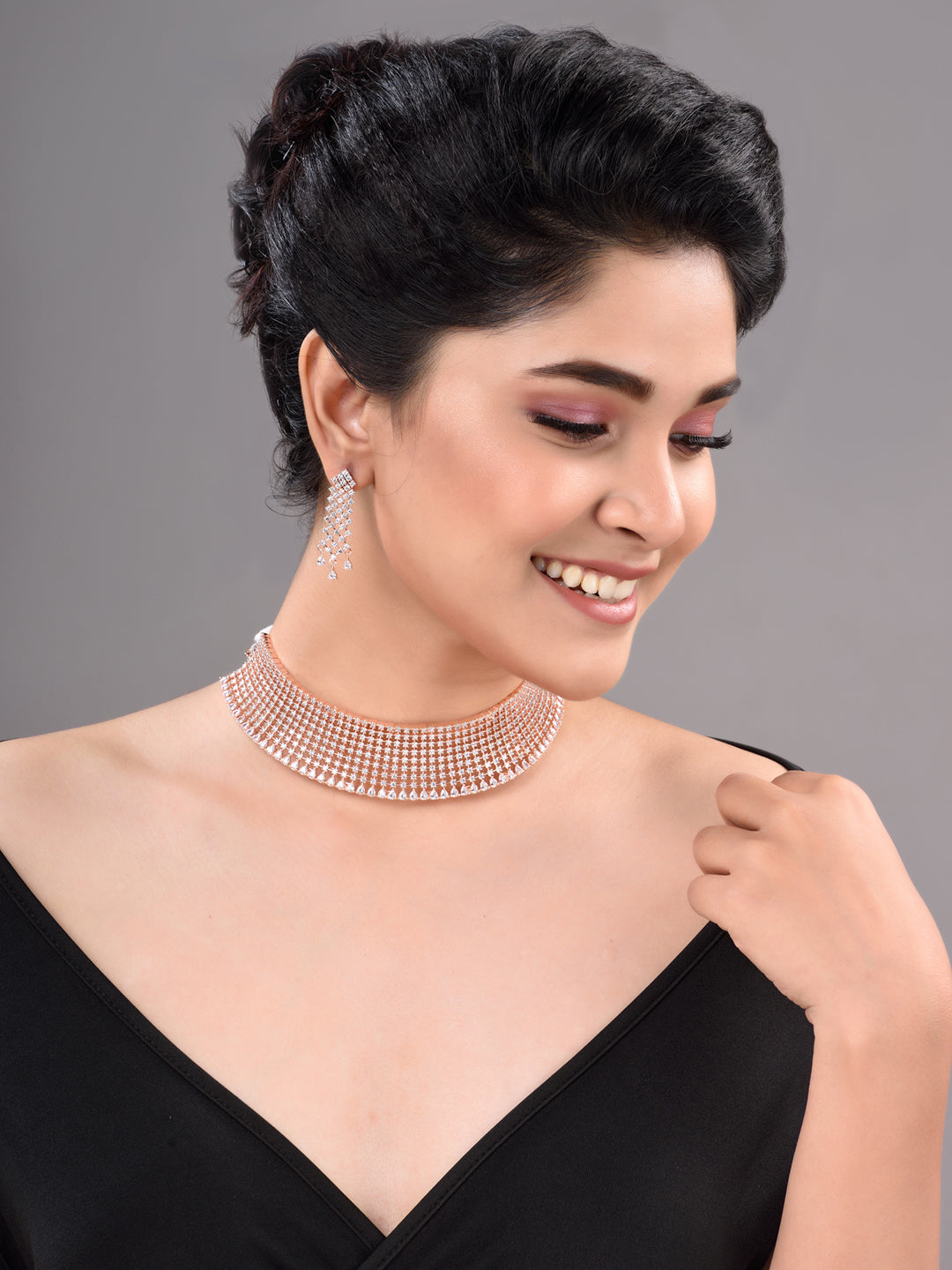 Rose Gold Plated White AD Studded Designer Choker Jewellery Set earrings, zaveri pearls, sale price rs, sale price, sale gold plated, sale gold, sale, rubans, ring, regular price, priyassi je